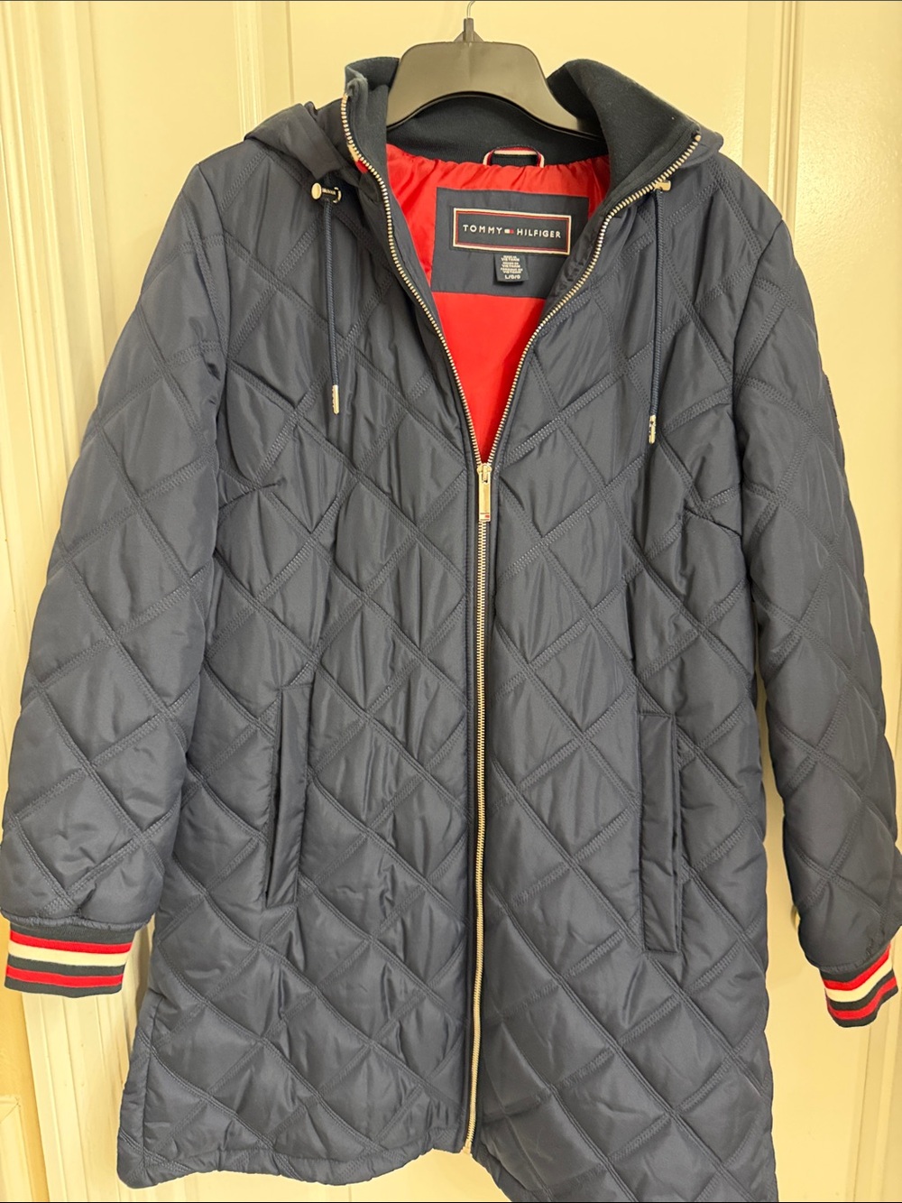 Tommy Hilfiger Navy Quilted Hooded Puffer Coat with Red Lining